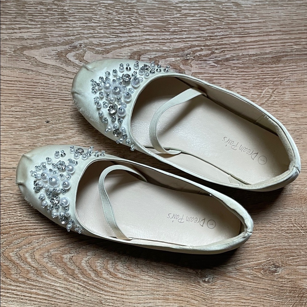Dream Pairs Girls Ivory Satin Pearl Rhinestone‎ Mary Jane Ballet Flats Size 1